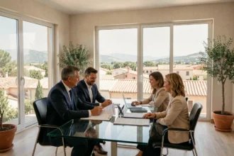 Un courtier en assurance emprunteur reçoit un couple dans un bureau moderne avec vue sur une ville provençale
