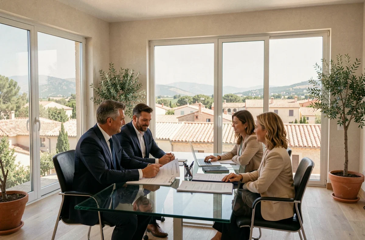 Un courtier en assurance emprunteur reçoit un couple dans un bureau moderne avec vue sur une ville provençale