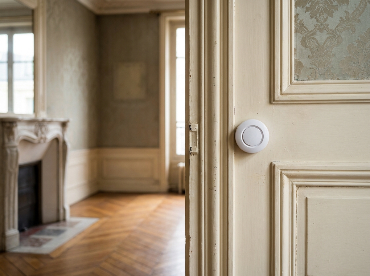 Détecteur d'alarme discret installé sur une porte ancienne dans un appartement haussmannien