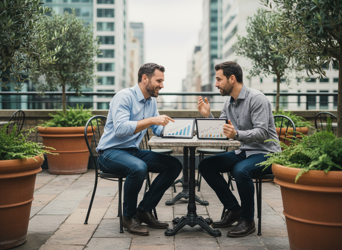 Deux hommes discutant avec des graphiques sur tablette au café