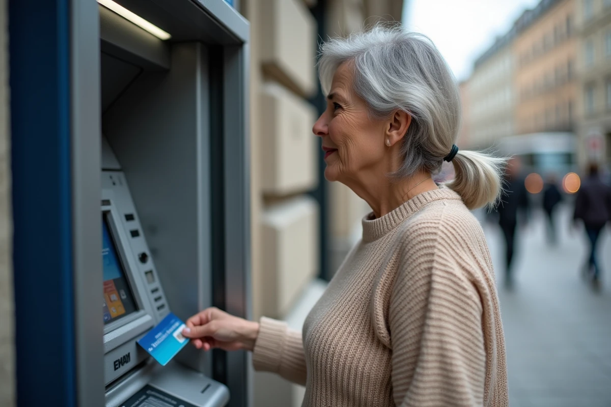 Femme introduisant sa carte bancaire dans un distributeur automatique en ville pour tenter de la déverrouiller