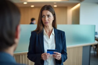 Femme tenant une carte bancaire bloquée au guichet d'une banque pour demander le déverrouillage