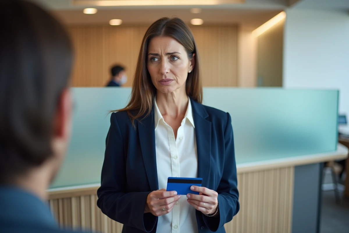Femme tenant une carte bancaire bloquée au guichet d'une banque pour demander le déverrouillage