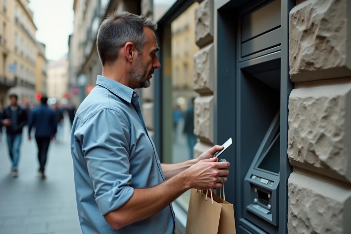 Homme utilisant un distributeur automatique de banque fermée le samedi en ville