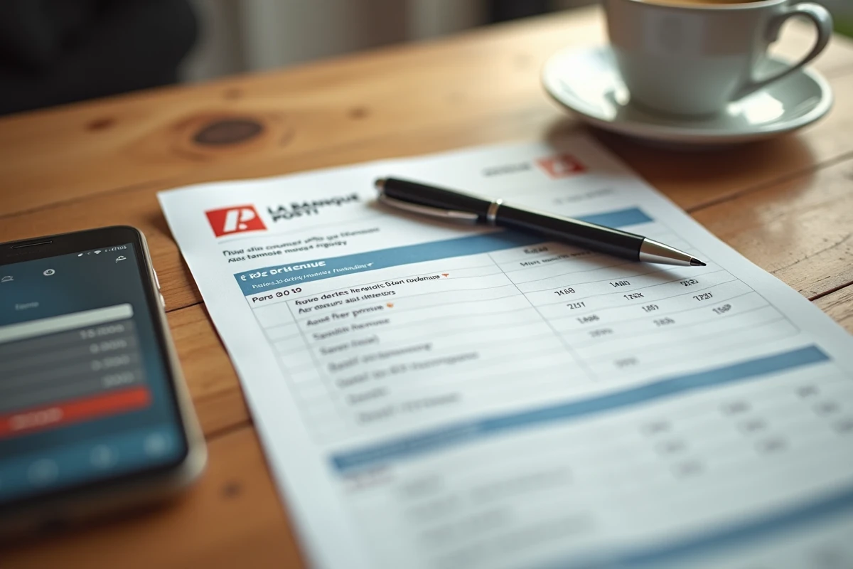 Document de tarification La Banque Postale 2026 posé sur une table avec un stylo et un smartphone affichant une application bancaire