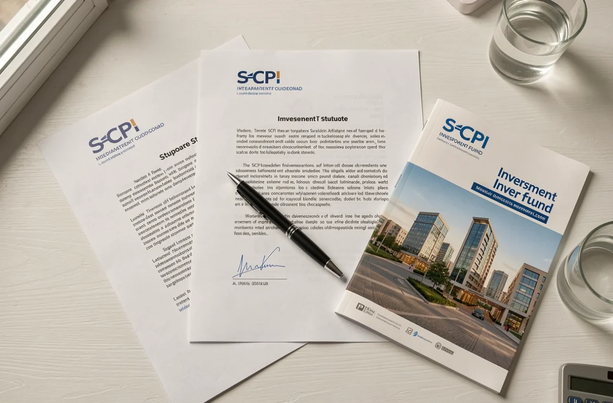Documents de statuts de SCI et brochures de SCPI disposés sur un bureau blanc dans un cadre patrimonial