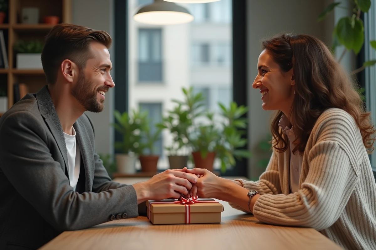 Deux amis échangent un cadeau dans une cuisine chaleureuse
