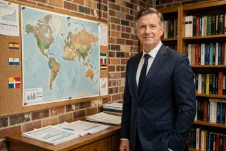 Économiste devant une carte du monde avec des drapeaux représentant les pays et leur situation financière