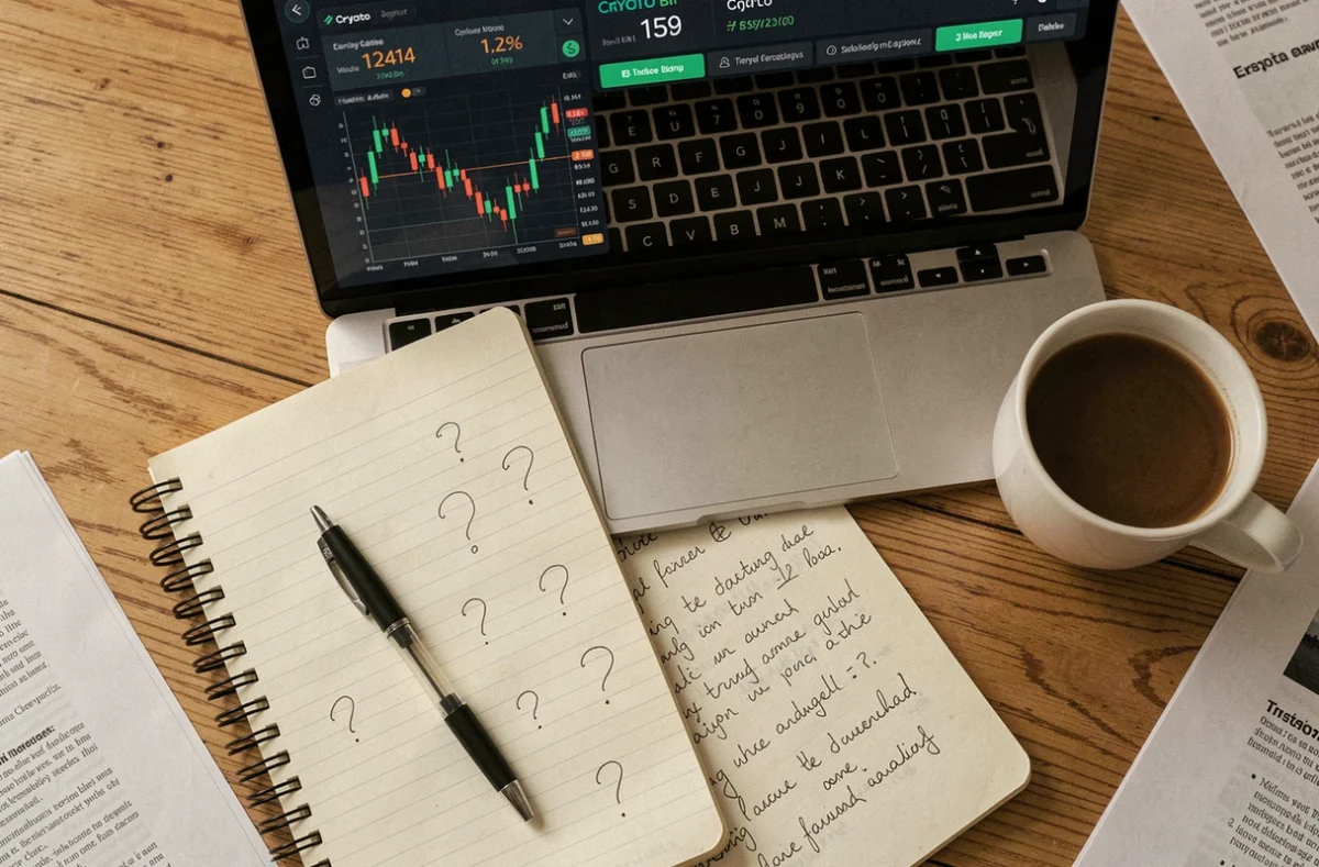 Vue de dessus d'un bureau avec un ordinateur portable affichant un tableau de bord de robot de trading crypto, un carnet de notes et une tasse de café