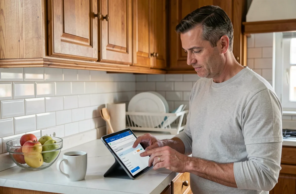 Enseignant consultant son virement de salaire sur tablette dans sa cuisine