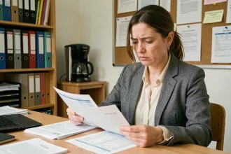 Enseignante examinant ses fiches de paie dans la salle des professeurs d'une école publique française