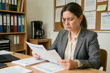 Enseignante examinant ses fiches de paie dans la salle des professeurs d'une école publique française