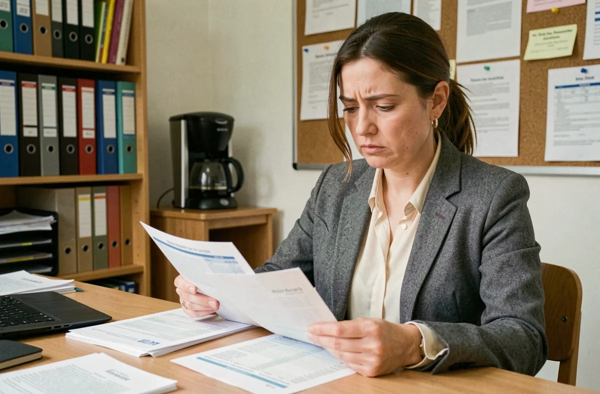 Enseignante examinant ses fiches de paie dans la salle des professeurs d'une école publique française