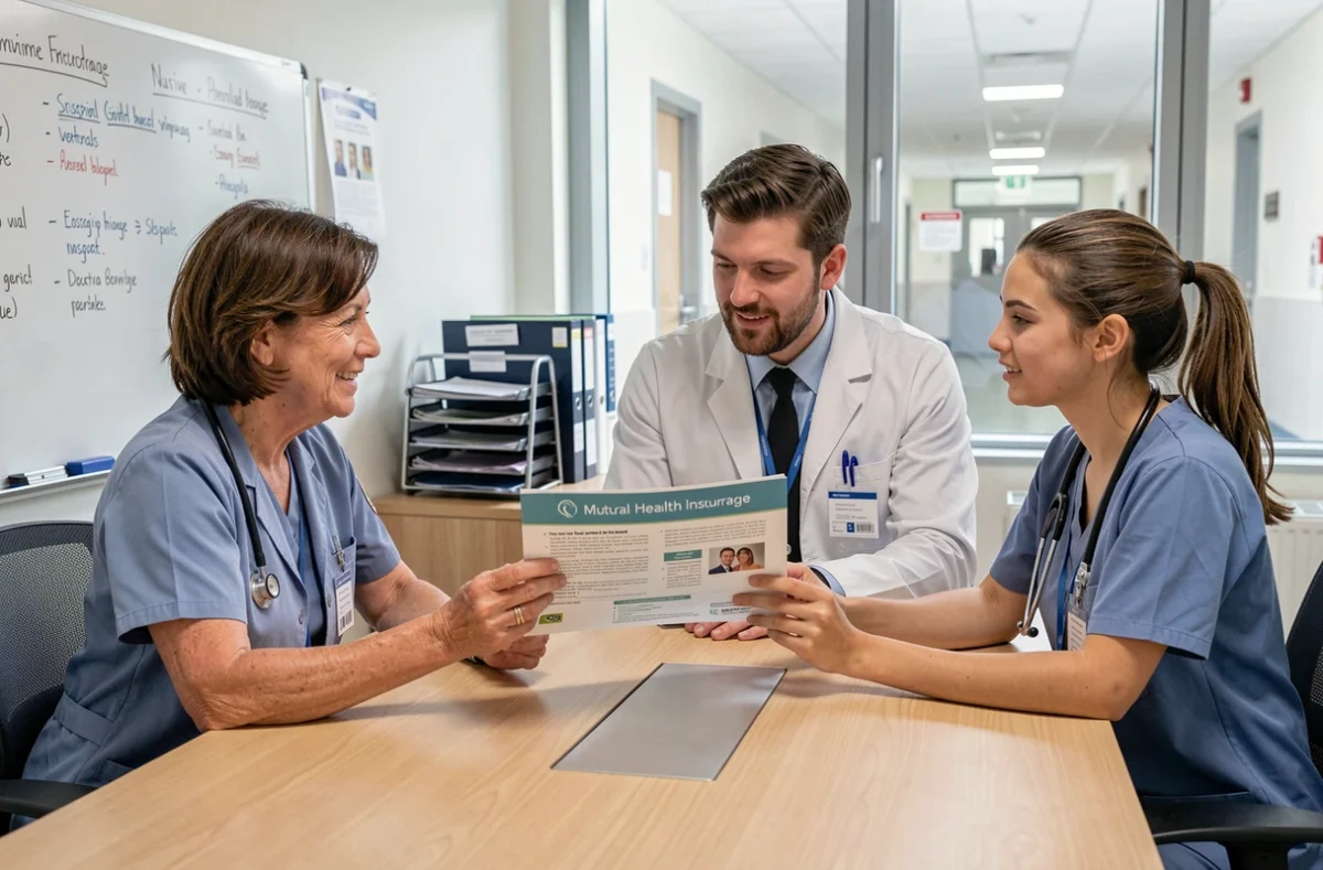 Équipe de professionnels de santé discutant des conditions d'adhésion à la mutuelle des hospitaliers en salle de réunion