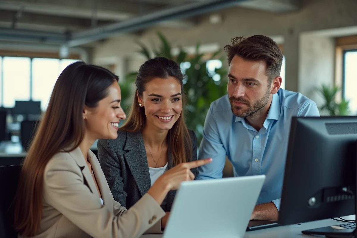 Équipe RH collaborant autour d'un portail de gestion de paie en ligne dans un espace de travail moderne