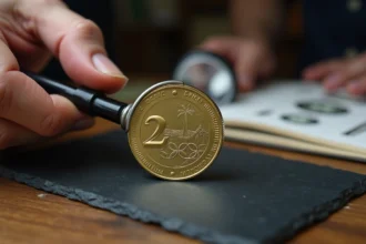 Expert numismate évaluant une pièce 2 euros Jeux Olympiques 2026 avec une loupe de précision sur un bureau en bois