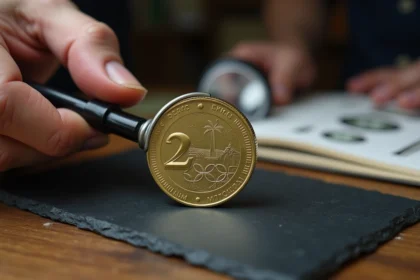 Expert numismate évaluant une pièce 2 euros Jeux Olympiques 2026 avec une loupe de précision sur un bureau en bois