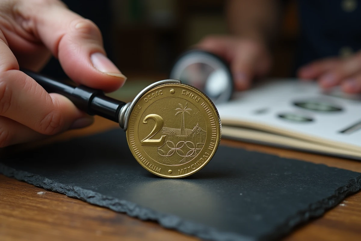 Expert numismate évaluant une pièce 2 euros Jeux Olympiques 2026 avec une loupe de précision sur un bureau en bois