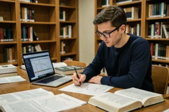 Étudiant en master analysant un mémoire de recherche sur le modèle de Fama et French dans une bibliothèque universitaire