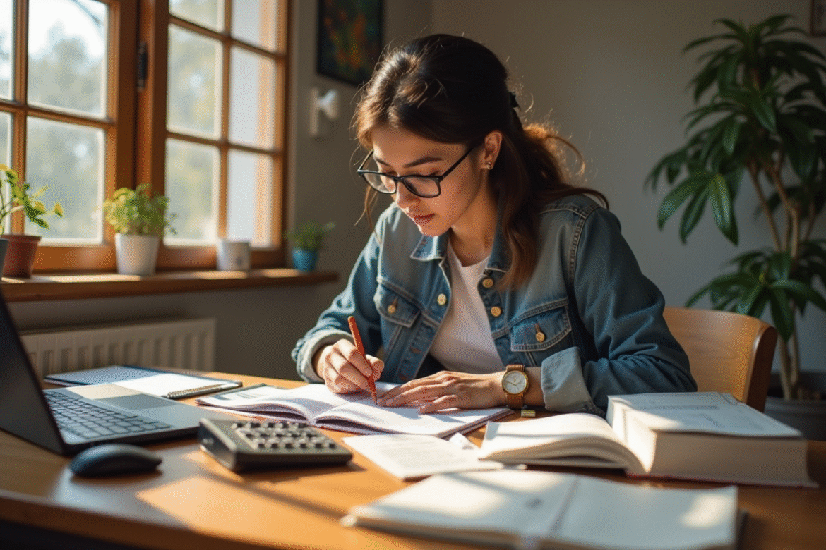 Étudiant organisé avec reçus et calculatrice en matinée