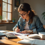 Étudiant organisé avec reçus et calculatrice en matinée