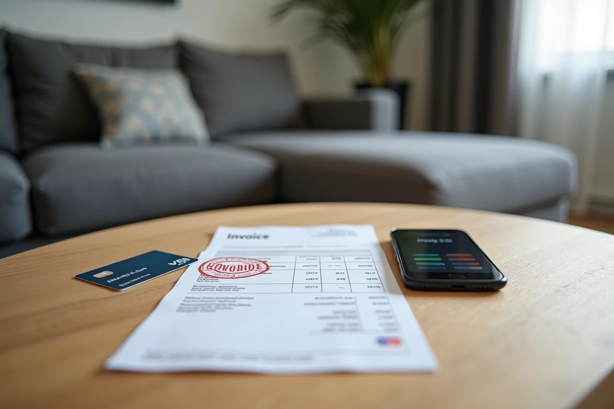 Facture Free en retard avec tampon rouge, smartphone et carte bancaire posés sur une table basse