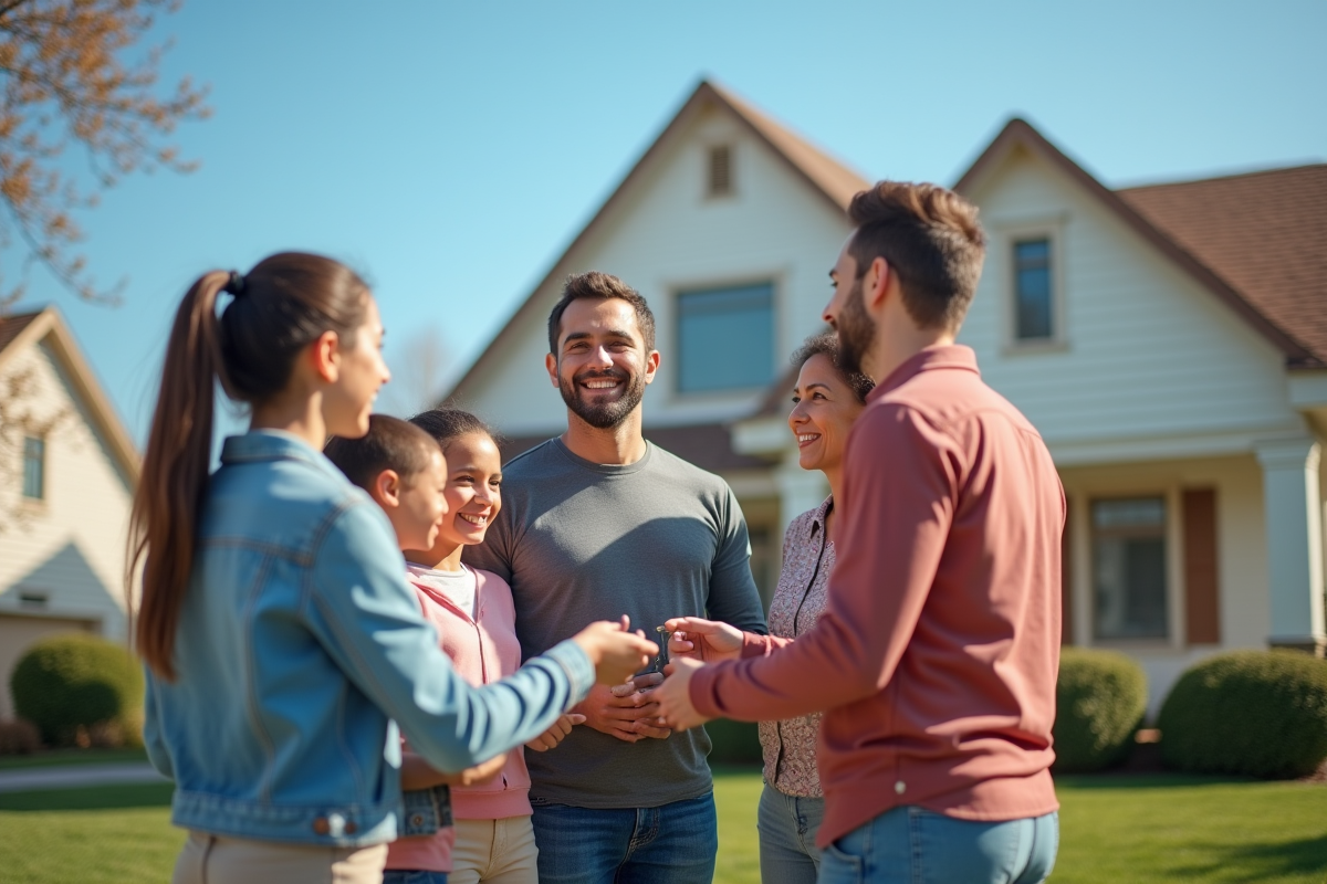Famille recevant les clés de leur nouvelle maison dehors