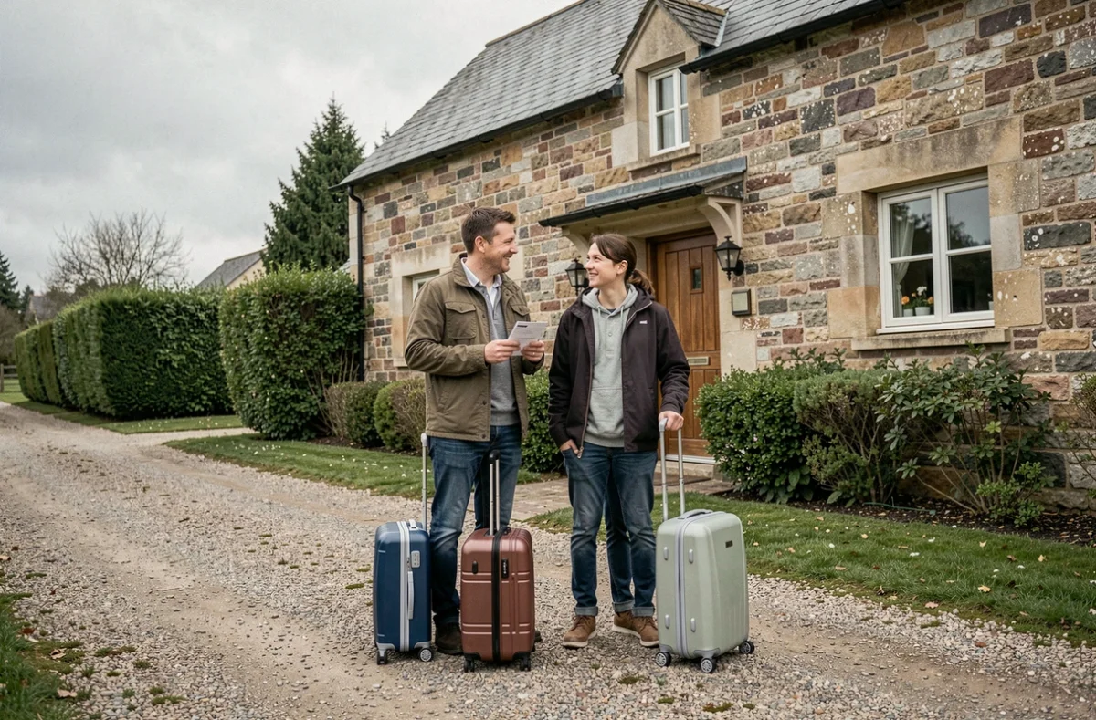 Famille en partance pour les vacances devant un gîte avec bagages et documents d'assurance voyage