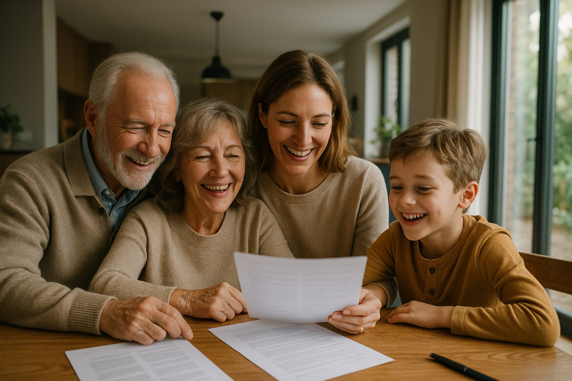 Famille multigenerations heureuse autour d'une table lumineuse