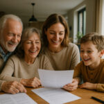 Famille multigenerations heureuse autour d'une table lumineuse