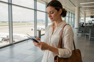 Femme consultant son téléphone à l'aéroport avant un voyage, avec documents d'assurance voyage