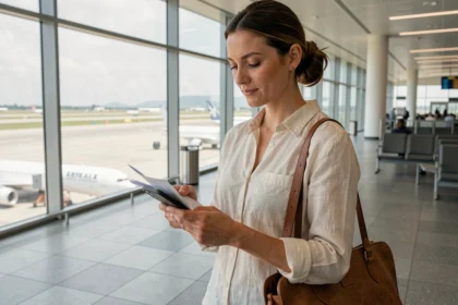 Femme consultant son téléphone à l'aéroport avant un voyage, avec documents d'assurance voyage