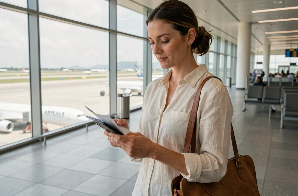 Femme consultant son téléphone à l'aéroport avant un voyage, avec documents d'assurance voyage