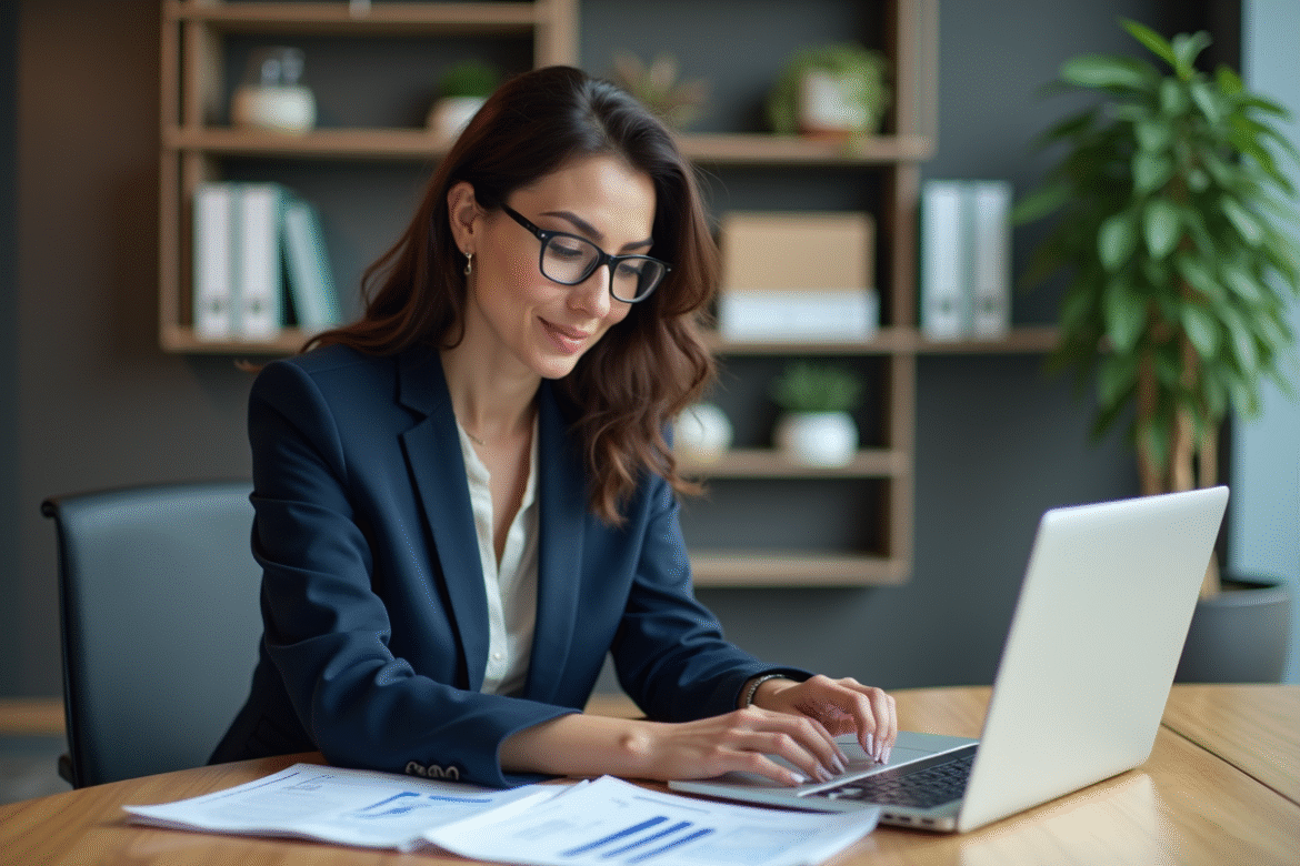 Femme d'affaires en bureau moderne regardant des rapports