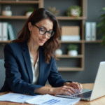 Femme d'affaires en bureau moderne regardant des rapports