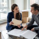 Les points clés du contrat de vente d'un logement neuf Femme d'affaires discutant avec un homme dans un salon lumineux