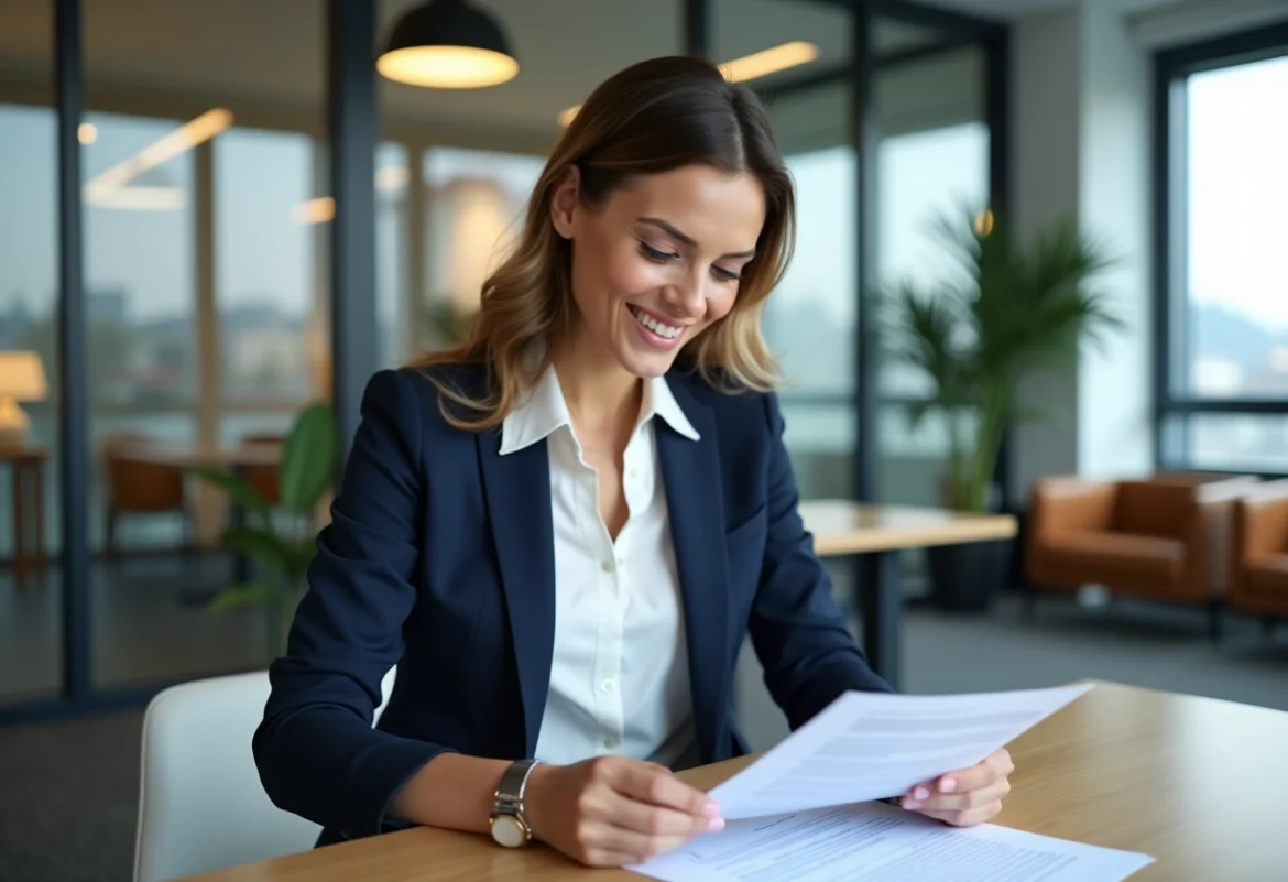 Femme d'affaires en bureau suisse avec documents