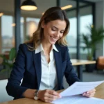 Femme d'affaires en bureau suisse avec documents