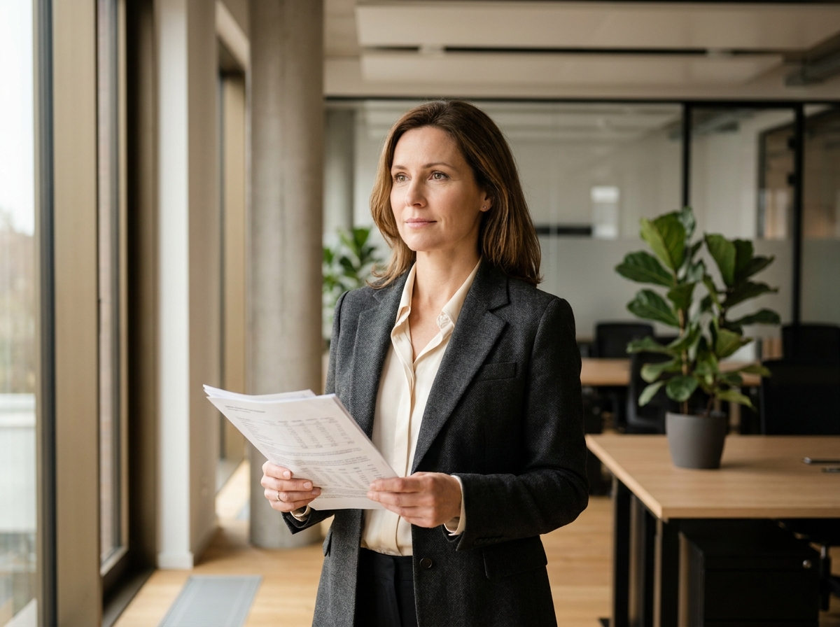 Femme d'affaires réfléchissant à sa stratégie patrimoniale autour d'un contrat d'assurance-vie au Luxembourg