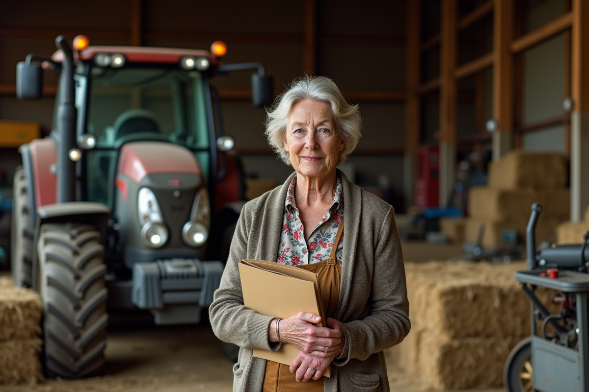 Femme agricole debout près d’un tracteur dans une grange