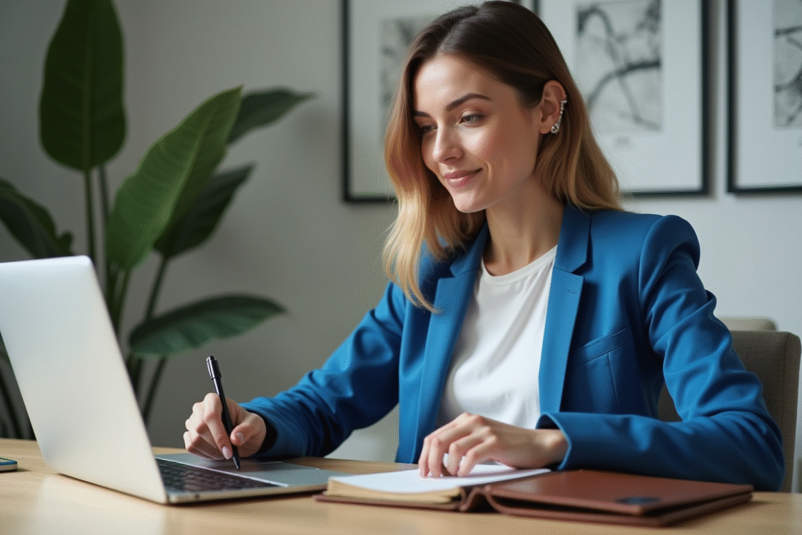 Jeune femme en blazer bleu analysant des graphiques crypto