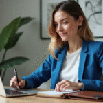 Jeune femme en blazer bleu analysant des graphiques crypto