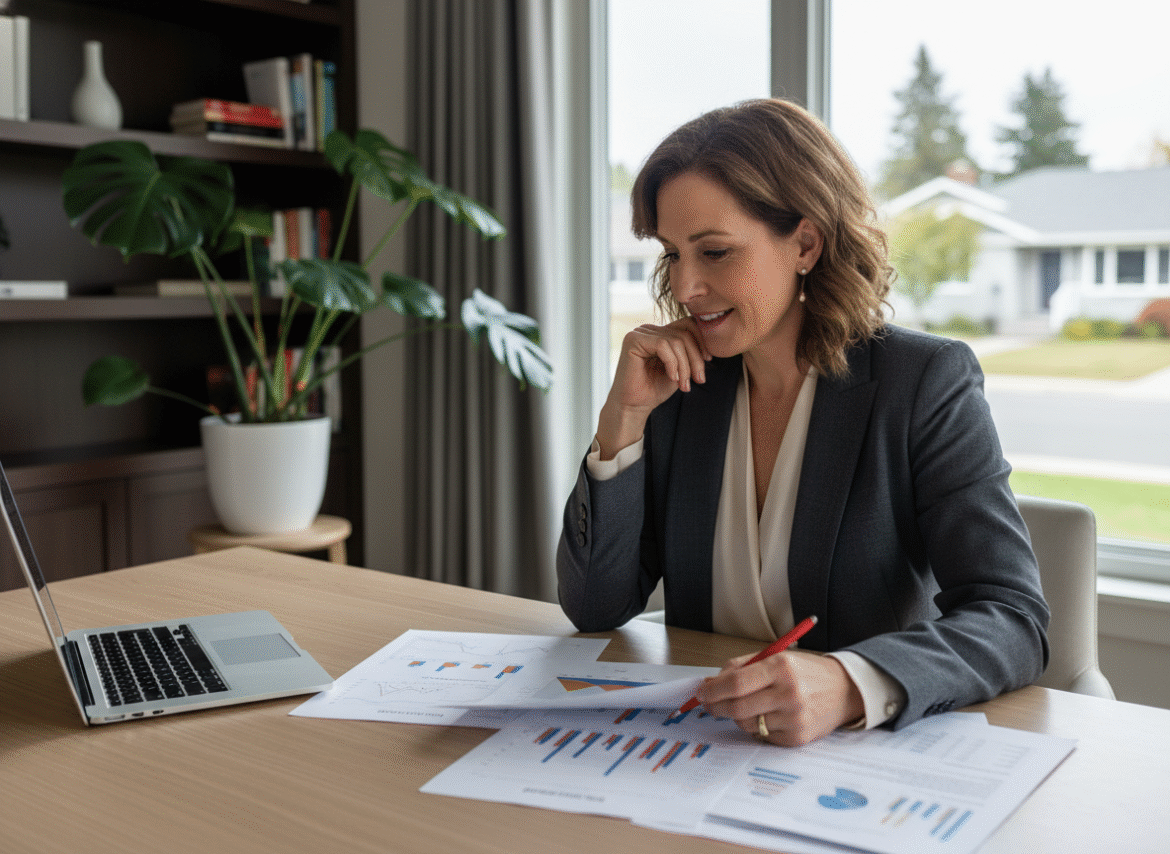 Femme d'affaires analysant des graphiques ETF dans un bureau moderne