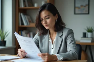 Femme analysant le rendement de son assurance vie sur des documents financiers imprimés dans un bureau à domicile