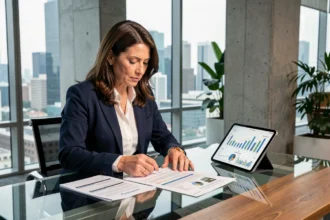 Femme cadre analysant des documents de SCPI et un portefeuille immobilier sur tablette dans un bureau moderne
