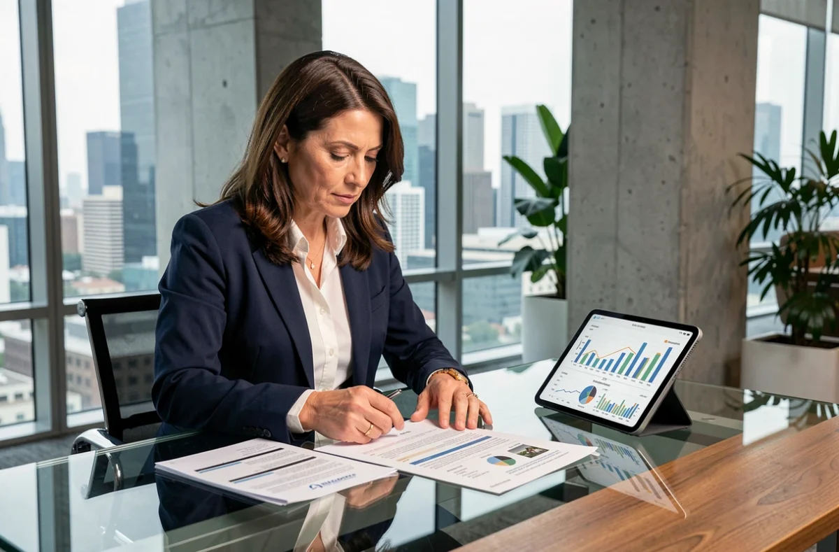 Femme cadre analysant des documents de SCPI et un portefeuille immobilier sur tablette dans un bureau moderne