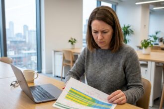 Femme analysant un tableau Excel imprimé sur son bureau dans un open space moderne, comparaison outil de suivi du temps