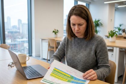 Femme analysant un tableau Excel imprimé sur son bureau dans un open space moderne, comparaison outil de suivi du temps