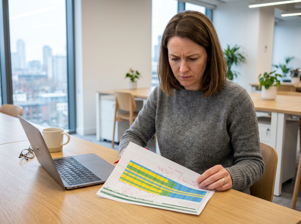 Femme analysant un tableau Excel imprimé sur son bureau dans un open space moderne, comparaison outil de suivi du temps