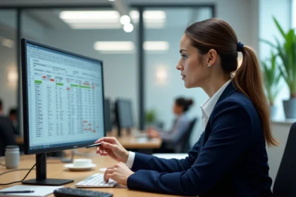 Femme professionnelle analysant un tableau Excel avec des dates d'échéance colorées sur un écran d'ordinateur en bureau moderne